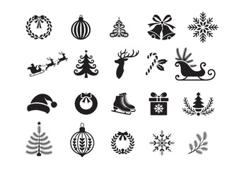 Christmas icon set, festive holiday silhouette vector art bundle.