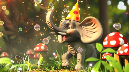 3D cheerful cartoon elephant wearing a party hat