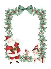 Watercolor Christmas rectangular frame for kids on white background with Santa Claus, elf, gift, bird, and holly, for invitations, greeting cards, and holiday decoration