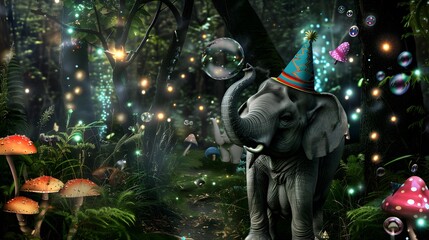 3D cheerful cartoon elephant wearing a party hat