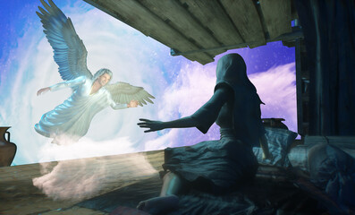 The Annunciation Mary and the angel 3d render, Christmas Angel announced the birth of the Messiah Christ
