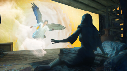 The Annunciation Mary and the angel 3d render, Christmas Angel announced the birth of the Messiah Christ
