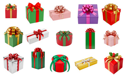 Christmas gift box collection with colorful bows ribbons festive wrapping styles and assorted present shapes arranged as isolated clipart on transparent background for holiday design use