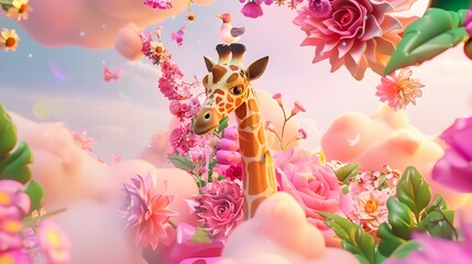 3D cute cartoon giraffe with a tiny bird perched on its head