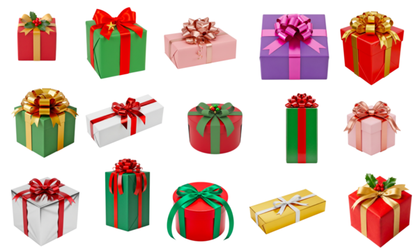 Christmas gift box collection with colorful bows ribbons festive wrapping styles and assorted present shapes arranged as isolated clipart on transparent background for holiday design use - Powered by Adobe