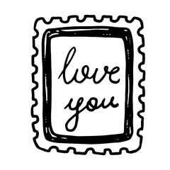 Paper stamp with love you sign vector illustration in doodle sketch style hand drawn outline in black and white. Simple art for valentines day design. Great for romantic card. Nice for letter concept.