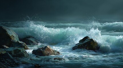 Ocean's Embrace Waves Crashing Against Coastal Rocks Under Gloomy Skies