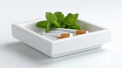 A clean, modern ashtray filled with fresh mint leaves instead of cigarette butts