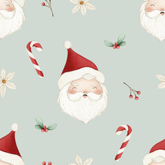 Christmas Watercolor seamless pattern illustration on light mint green background with Santa Claus head, candy cane, white poinsettia, and holly berries, cute holiday elements for kids party, fabric