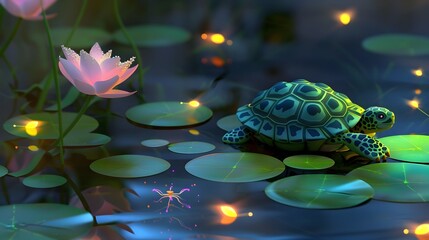3D happy cartoon turtle with a patterned shell floating