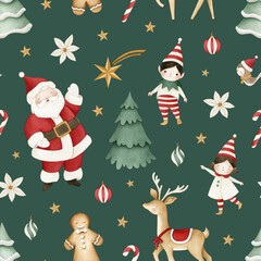Christmas Watercolor seamless pattern illustration on dark forest green background with Santa Claus, reindeer, gingerbread man, elf, Christmas tree, and star, cute holiday elements, kids party, fabric