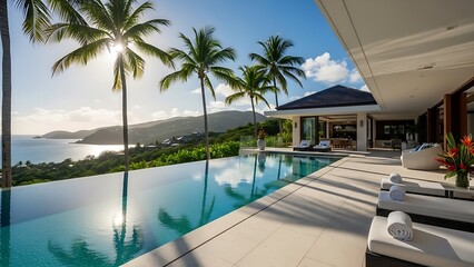 Luxury villa with an infinity pool and palm trees overlooking a tropical ocean bay at sunrise.
