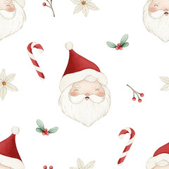 Christmas Watercolor seamless pattern illustration on white background with Santa Claus head, candy cane, white poinsettia, and holly berries, cute holiday elements for kids party, invitation, cards