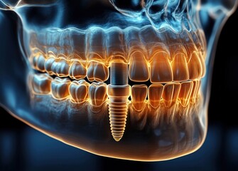 transparent lower jaw and skull 3d x-ray showing glowing teeth and a metallic dental implant screw, clinical futuristic precision and sterile medical atmosphere