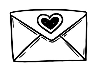 Closed envelope with heart vector illustration in doodle sketch style hand drawn outline in black and white. Cute romantic symbol for valentine card. Perfect for wedding design. Good for greeting.