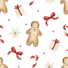 Christmas Watercolor seamless pattern illustration on white background with gingerbread man, gift box, red bow, candy cane, and poinsettia, cute holiday elements, kids party, invitation, cards, fabric