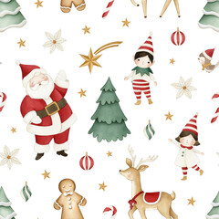 Christmas Watercolor seamless pattern illustration on white background with Santa Claus, reindeer, gingerbread man, elf, Christmas tree, and star, cute holiday elements for kids party, invitation