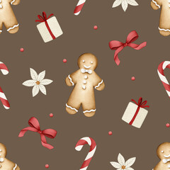 Christmas Watercolor seamless pattern illustration on dark brown background with gingerbread man, gift box, red bow, candy cane, and poinsettia, cute holiday elements for kids party, invitation, cards