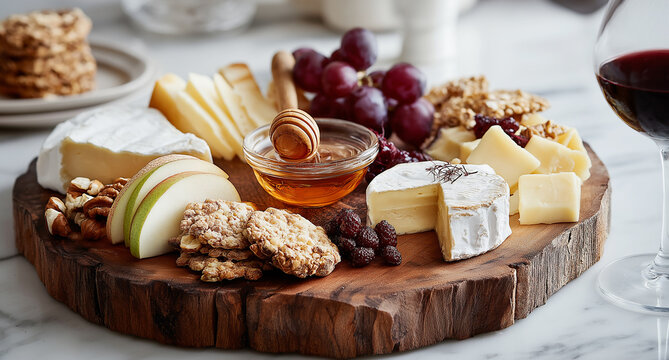 Cheese Board with Brie, Cheddar, Grapes, Nuts, Honey, and Cookies on Oak Wooden Platter