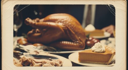 Vintage capture of a golden roasted turkey dinner table adorned with traditional pumpkin pie