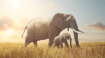A gentle elephant mother and her calf walking through