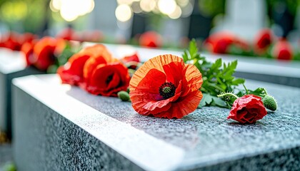 Placing Poppies in Honor of Veterans,A symbolic tribute as red poppies are laid at the graves of fallen soldiers on Veterans Day.