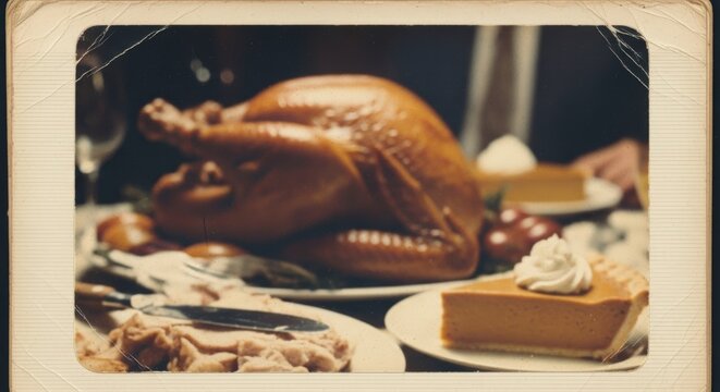 Vintage capture of a golden roasted turkey dinner table adorned with traditional pumpkin pie