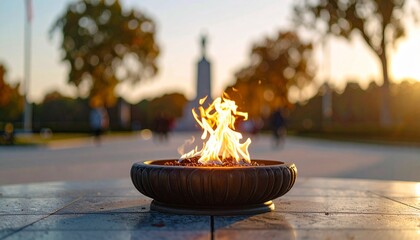 Honor Flame Ceremony for Veterans Day,A symbolic flame is lit at a monument to commemorate and honor the bravery and sacrifice of veterans.