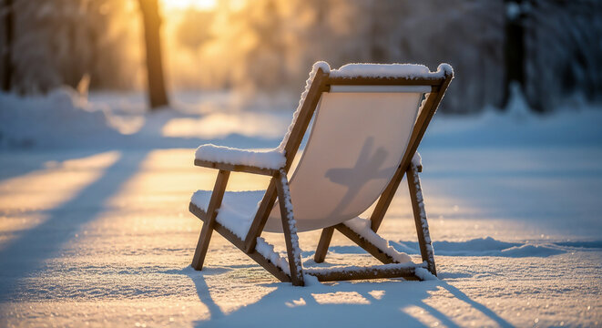Snow-covered deck chair at sunset symbolizing stillness and reflection