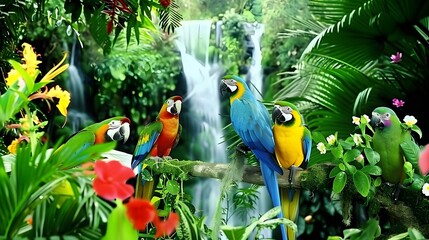 Group of colorful parrots perched on lush rainforest branches