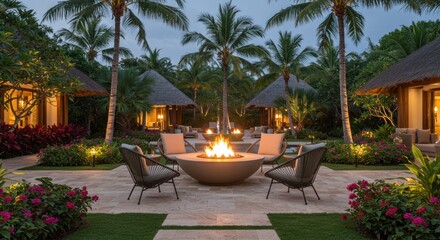 Tropical patio courtyard at twilight with fire pit