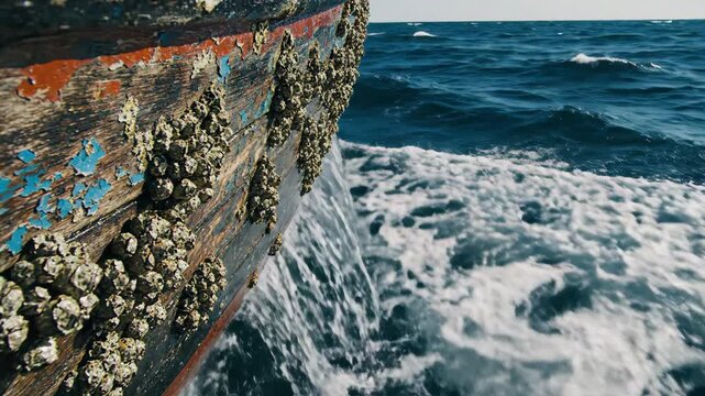 Aged wooden boat hull covered in barnacles navigates ocean water
