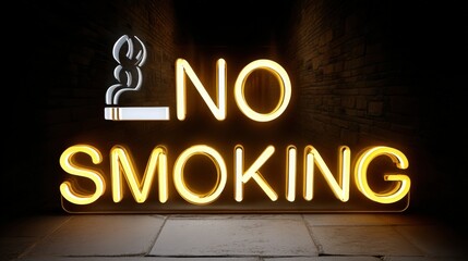 A neon "No Smoking" sign glowing against a dark urban alley
