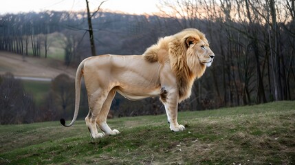 Majestic lion standing on a grassy hill at sunset