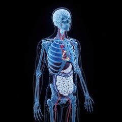 Anatomical illustration of the human torso with skeleton and organs