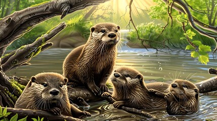 Playful family of otters swimming and splashing in a river