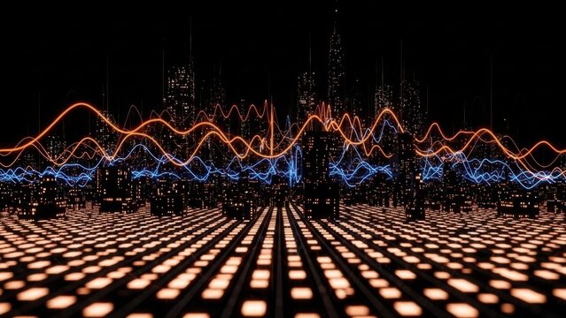 Abstract digital cityscape with glowing data streams and light patterns