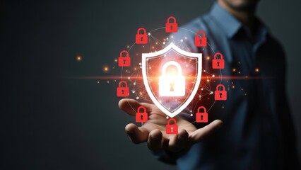 Cybersecurity concept, shield with padlock and network of locks