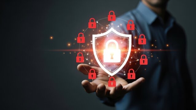 Cybersecurity concept, shield with padlock and network of locks - Powered by Adobe