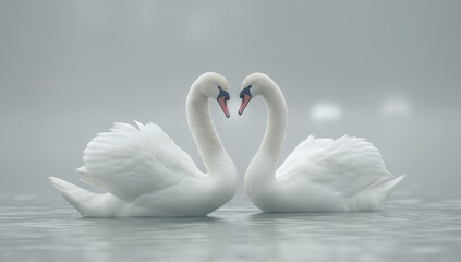 Obraz premium Two Swans Forming Heart Shape on Water with Misty Background