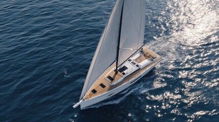 Obraz premium Sailing yacht on open water aerial view of luxury vessel at sea