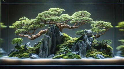 Miniature bonsai landscape with twisted trunks and spreading canopies, moss covered rocks and delicate foliage set inside a glass display with a softly illuminated base, serene and meditative