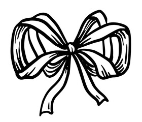 Coquette bow ribbon illustration in doodle sketch style. Black and white hand drawn outline with simple shape. Suitable for holiday design or wedding romantic card. Works for stationery or decoration.