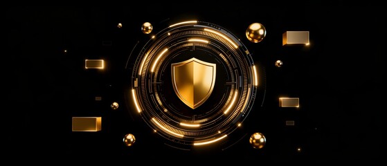 Golden shield in glowing circular interface