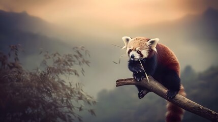 Adorable red panda sitting on a tree branch eating bamboo