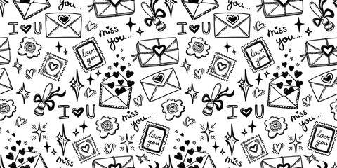 Love letter seamless pattern with envelope and stamp in doodle sketch style. Black and white hand drawn line art with simple elements. Ideal for Valentines Day design or romantic card background.