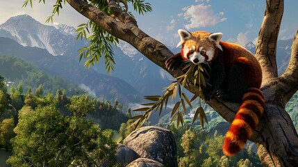 Adorable red panda sitting on a tree branch eating bamboo