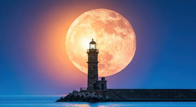 Dramatic view of an old stone lighthouse silhouetted against a massive, glowing orange full moon rising over calm dark blue water at twilight or night