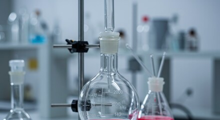 Close-up of scientific laboratory equipment with clear round-bottom flask for experimental