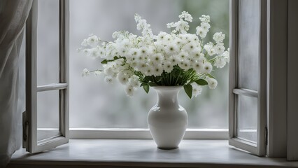 Window with a bouquet of white flowers in a ceramic vase with a window sill for Chinese goods